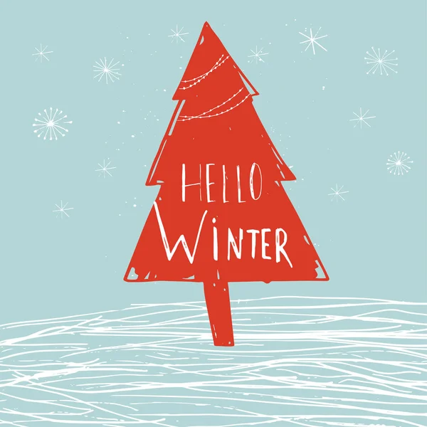 Ciao Inverno Biglietto Disegnato Mano Con Iscrizione Albero Natale Illustrazione — Vettoriale Stock