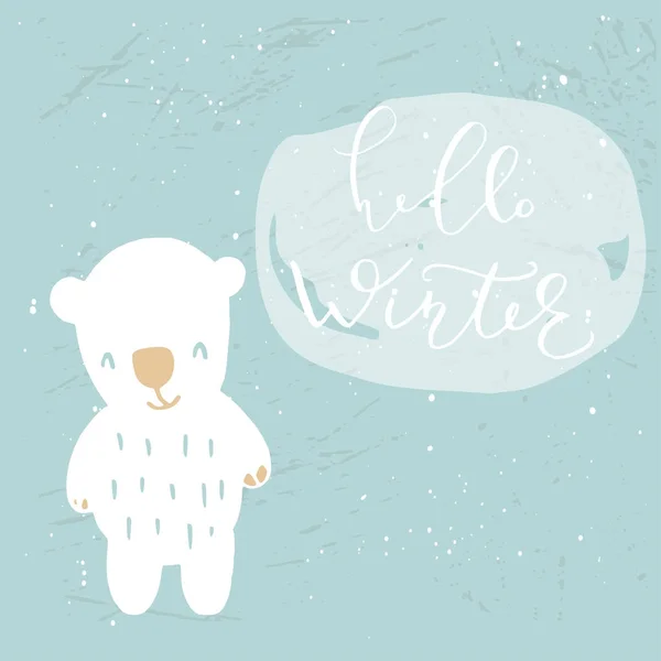 Divertente Orso Polare Con Scritte Disegnate Mano Citazione Hello Winter — Vettoriale Stock