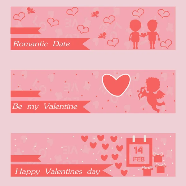 Beautiful Banners Red Bows Cupid Present Hearts Copy Space Valentine — Stock Vector