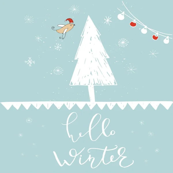 Ciao Inverno Biglietto Disegnato Mano Con Iscrizione Albero Natale Illustrazione — Vettoriale Stock