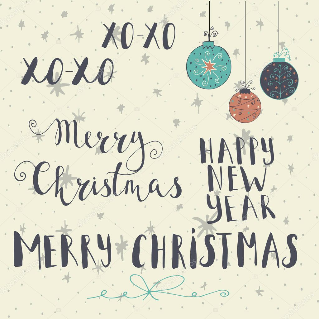 Merry Christmas, Happy new year  text label on a winter background with snow and snowflakes. Greeting card template.Merry Christmas  poster with quote. T-shirt design, card design or home decor element. Vector typography