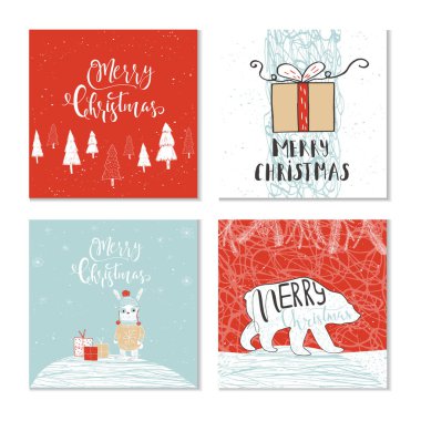 Merry Christmas ve desenler yazı ile sevimli Noel hediye kartları kümesi. Kolay düzenlenebilir bir şablona. Şirin illüstrasyon kart, poster, tişört, afiş için. Yeni yıl tasarım öğeleri