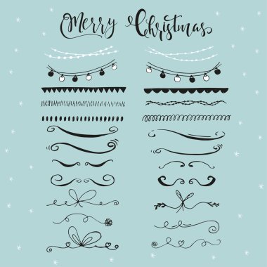 Yazı ile elle çizilmiş Noel sınırları topluluğu. Şirin ve benzersiz mürekkep swirls ve bölücüler tasarımınız için. Vektör.