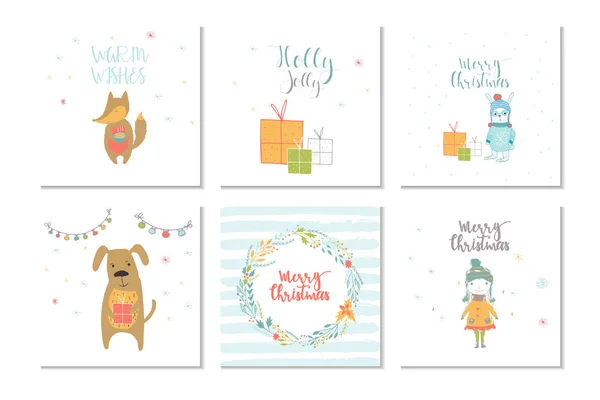 Colección Feliz Navidad Linda Tarjeta Felicitación Con Animales Regalos Letras — Vector de stock