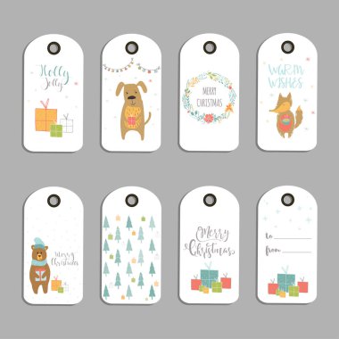 8 tatlı Noel Hediyelik Etiketler, Merry Christmas, hayvanlar, hazır ayarları, ağaç ve kar taneleri yazı ile kartları kümesi. Kolay düzenlenebilir bir şablona. Mükemmel resim kartpostal, poster, rozet, afiş için.