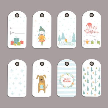 8 tatlı Noel Hediyelik Etiketler, Merry Christmas, hayvanlar, hazır ayarları, ağaç ve kar taneleri yazı ile kartları kümesi. Kolay düzenlenebilir bir şablona. Mükemmel resim kartpostal, poster, rozet, afiş için.