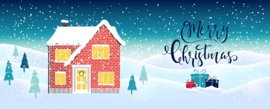 Açık mavi Noel renkli kış evi, yazı ve kar taneleri köpüklü beyaz. Şirin tatil illüstrasyon, yatay, ev, yazlık, sunar, metin için yer. Dekorasyon, tebrik kartları, davetiyeler için şablon.