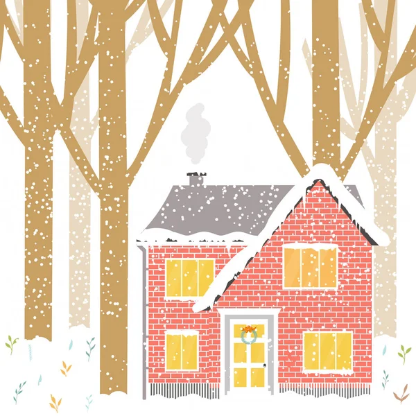 Fondo Navidad Con Casa Invierno Bosque Letras Copos Nieve Brillantes — Vector de stock