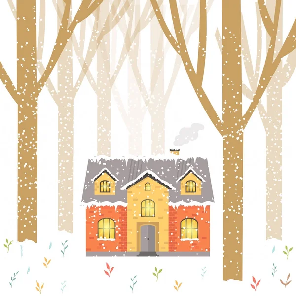 Fondo Navidad Con Casa Invierno Bosque Letras Copos Nieve Brillantes — Vector de stock