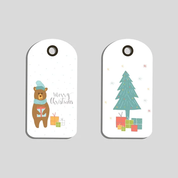 かわいいクリスマス プレゼント用タグ メリー クリスマス プリセット ツリー 雪の結晶をレタリングとカードのセット 簡単な編集可能なテンプレート 完璧なイラストのポストカード ポスター — ストックベクタ