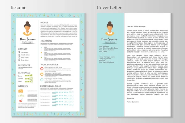 Feminine resume and cover letter with infographic design. Stylish CV set for women. Clean vector.