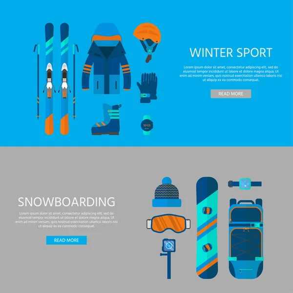 Winter sport icons collection. Skiing and snowboarding set equipment for website concept in flat style design. Elements for ski resort picture, mountain activities, vector illustration
