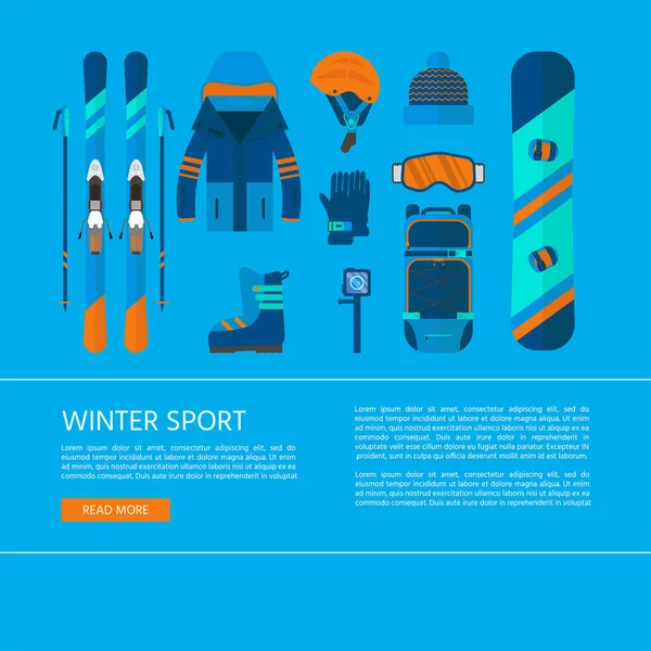 冬季体育图标收藏 滑雪和滑雪板设置在平面风格设计的网站概念设备 元素为滑雪胜地图片 山活动 媒介例证 — 图库矢量图片
