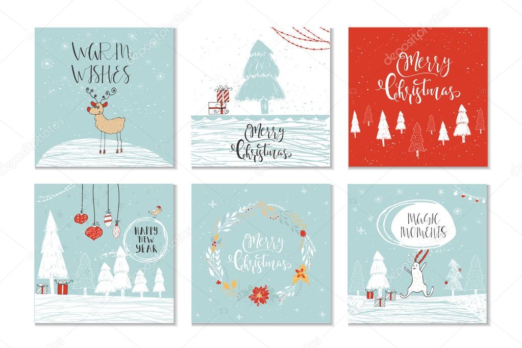 Set of 6 cute Christmas gift cards with quote Merry Christmas, merry and bright, warm wishes, magic moments. Easy editable template. Cute illustration for card, poster, t-shirt, banner.