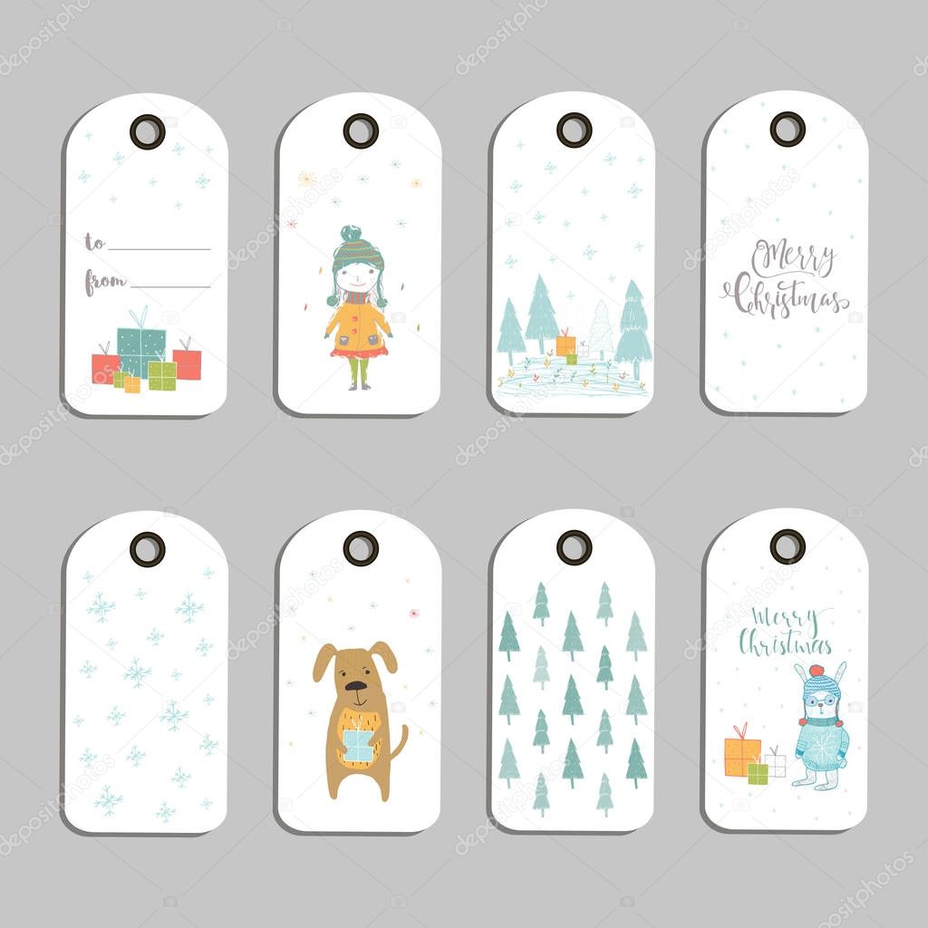 Set of 8 cute Christmas gift tags, cards with lettering Merry Christmas, animals, presets, tree and snowflakes. Easy editable template. Perfect  illustration for postcard, poster, badge, banner.