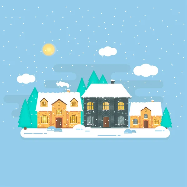 Boże Narodzenie Tło Zimowe Domy Las Białe Musujące Płatki Śniegu — Wektor stockowy