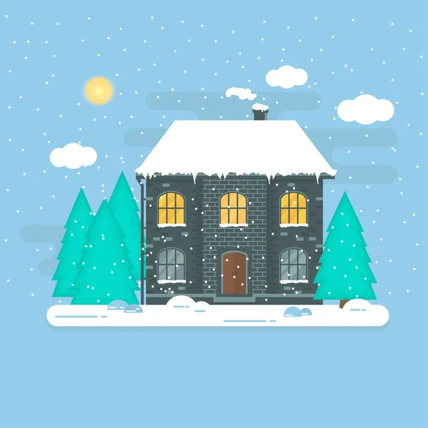 Fond Noël Avec Maison Hiver Forêt Flocons Neige Étincelants Blancs — Image vectorielle