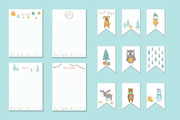 Christmas holiday to do lists, planner, cute notes, vector illustration. Template for party organization, greeting and journal cards, invitations, gifts decoration, stationery.