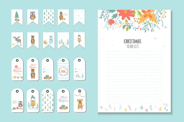 Christmas holiday to do lists, planner, cute notes, vector illustration. Template for party organization, greeting and journal cards, invitations, gifts decoration, stationery.