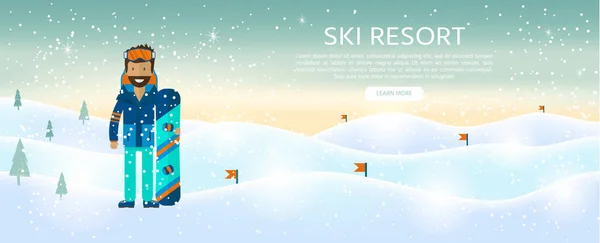 Winter sport background with character and skiing, snowboarding set equipment in flat style design. Elements for ski resort picture, mountain activities, vector illustration.