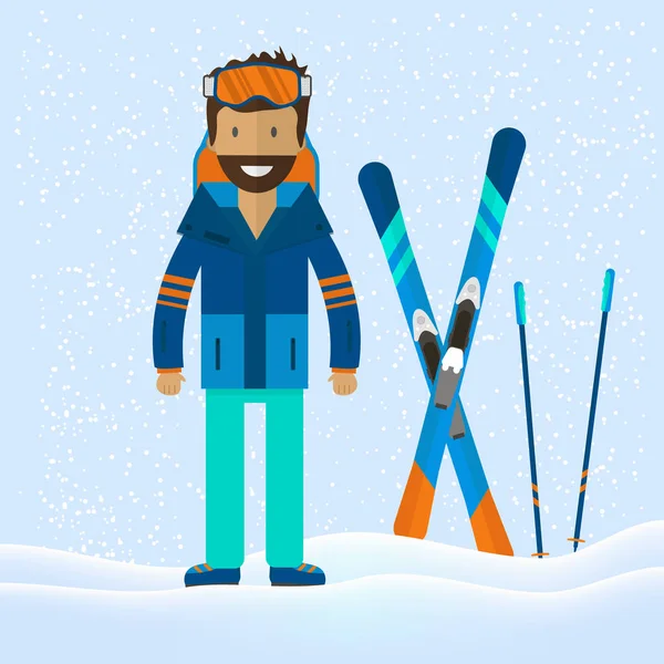 Winter sport background with character and skiing, snowboarding set equipment in flat style design. Elements for ski resort picture, mountain activities, vector illustration.