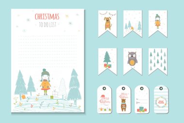 Listeleri, planlayıcısı, şirin notlar, vektör çizim yapmak için Noel tatili. Parti Teşkilatı, tebrik ve günlük kartlar, Davetiyeler, hediyeler dekorasyon, ileti örneği için şablon.