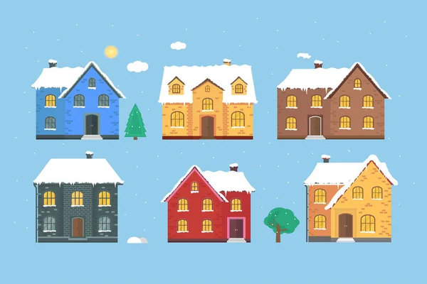 Fondo Con Casa Invierno Copos Nieve Blancos Ilustración Moderna Vacaciones — Vector de stock