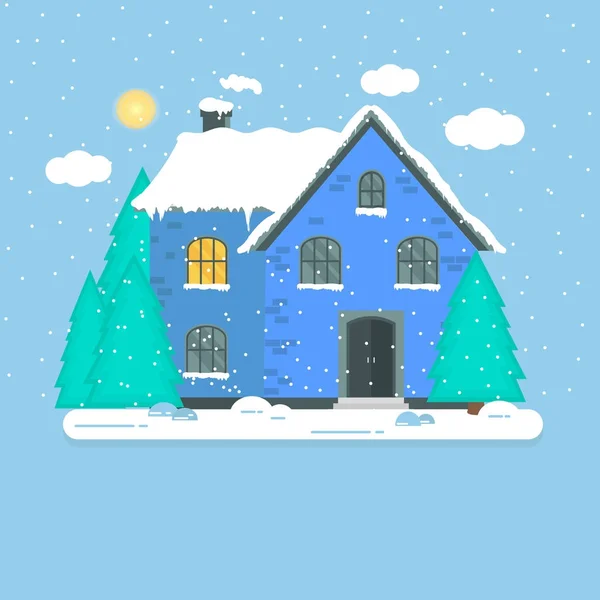 Fondo Con Casa Invierno Copos Nieve Blancos Ilustración Moderna Vacaciones — Vector de stock