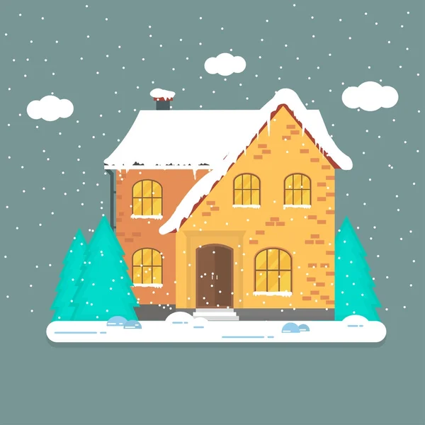 Téli Otthon Fehér Hópelyhek Háttér Modern Holiday Illusztráció Hangulatos Ház — Stock Vector