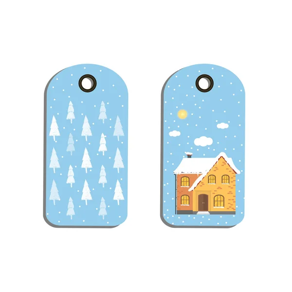 Étiquettes Étiquettes Badges Avec Fond Noël Maison Hiver Flocons Neige — Image vectorielle