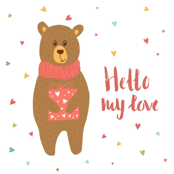 Belle Carte Cadeau Saint Valentin Avec Coeur Ours Lettrage Bonjour — Image vectorielle