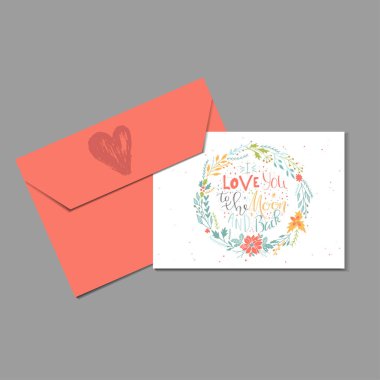 Güzel Sevgililer günü hediye kartı zarf, kalp ve yazı ile aya seviyorum. Hat sanatı hocası, baskı, poster, davet, parti dekorasyon için elle çizilmiş tasarım öğeleri. Vektör.