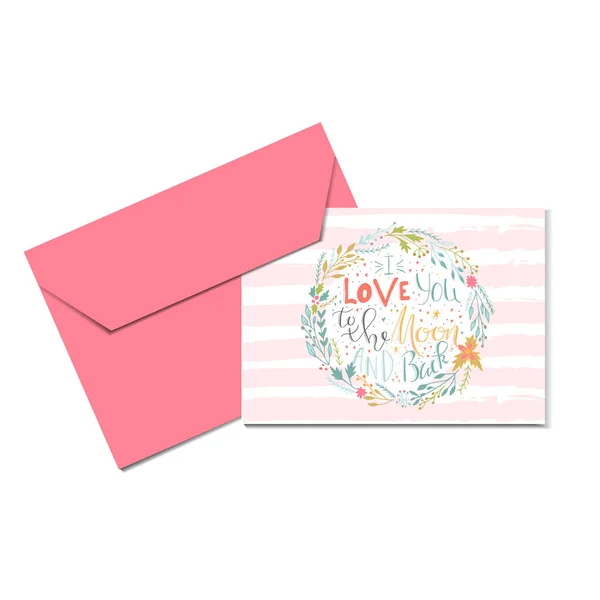 Lovely Valentines Day Gift Card Wreath Lettering Love You Moon — Stock Vector