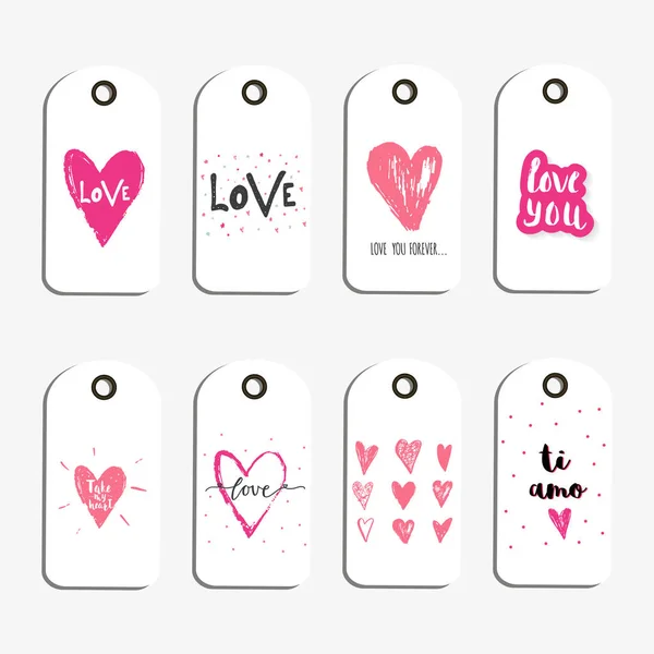 可爱的一套8情人节礼品卡 徽章的心和刻字的爱 手绘设计元素为印刷品 — 图库矢量图片