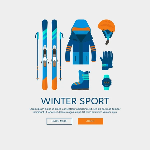 Winter sport icons collection. Skiing and snowboarding set equipment in flat style design. Elements for ski resort picture, mountain activities, vector illustration.