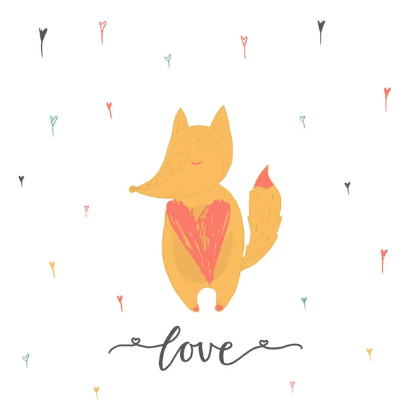 Piękne Karty Prezent Walentynki Fox Serca Napis Miłość Kaligrafia Ręcznie — Wektor stockowy