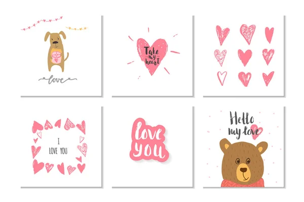 可爱的一套6情人节礼品卡与心 泰迪熊和刻字爱 手绘设计元素 用于印刷品 派对装饰 — 图库矢量图片