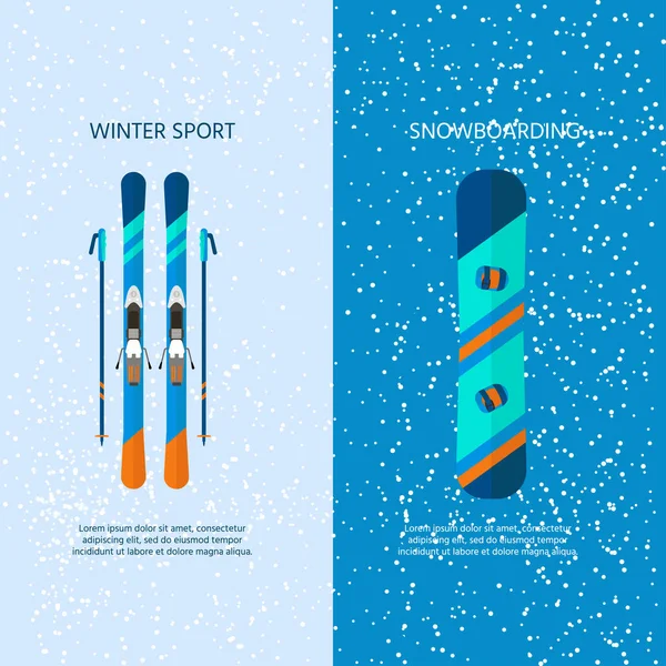 Winter sport icons collection. Skiing and snowboarding set equipment in flat style design. Elements for ski resort picture, mountain activities, vector illustration.