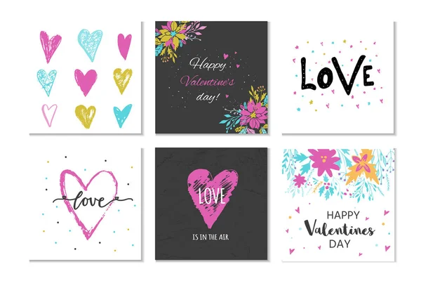 Schöne Set Von Valentinstag Geschenkkarten Mit Herzen Blumen Und Schriftzug — Stockvektor