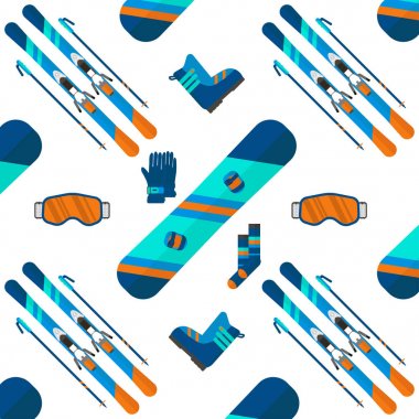 Kış desen spor simgeler koleksiyonu ile. Kayak ve snowboard düz stil tasarım beyaz arka plan üzerinde ayarlayın. Ski resort resim, dağ aktiviteleri, vektör çizim öğeleri.