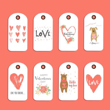 Çok güzel dizi 8 Sevgililer günü hediye kartları, etiket, Etiketler, rozetleri Kalpler, oyuncak ayı ve yazı sevgi ile. Baskı, poster, davet, parti dekorasyon için çizilmiş tasarım öğeleri ver. Vektör.
