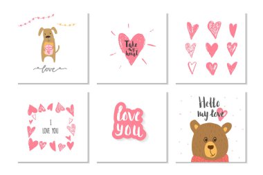 6 Sevgililer günü hediye kartları ile kalpleri, oyuncak ayı ve aşk yazı çok güzel dizi. Baskı, poster, davet, parti dekorasyon için çizilmiş tasarım öğeleri ver. Vektör.