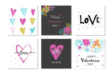 6 Sevgililer günü hediye kartları Kalpler, çiçekler ve aşk yazı ile güzel dizi. Hat sanatı hocası, baskı, poster, davet, parti dekorasyon için elle çizilmiş tasarım öğeleri. Vektör.