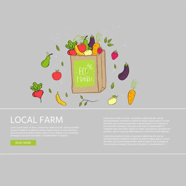 Ručně Kreslenou Nákupní Košík Nápisy Eco Trh Pro Zelené Potraviny — Stockový vektor