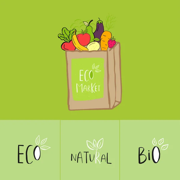 Hand getekend winkelmandje met Eco markt belettering — Stockvector