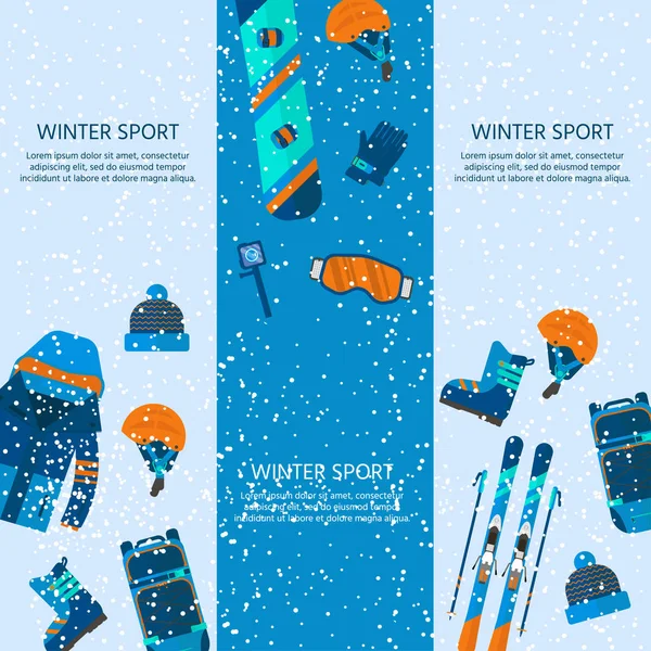 Winter sport icons collection. Skiing and snowboarding set equipment in flat style design. Elements for ski resort picture, mountain activities, vector illustration.