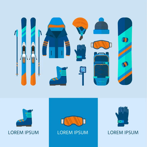 Colección Iconos Deportes Invierno Equipo Esquí Snowboard Diseño Plano Elementos — Archivo Imágenes Vectoriales