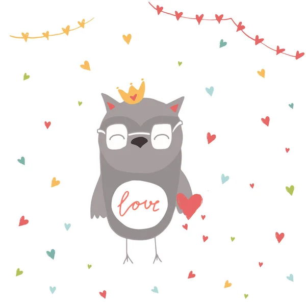 Jolie Carte Cadeau Saint Valentin Avec Hibou Cœur Lettre Amour — Image vectorielle
