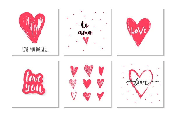 Prachtige Set Van Valentijnsdag Geschenk Kaarten Met Hartjes Belettering Van — Stockvector