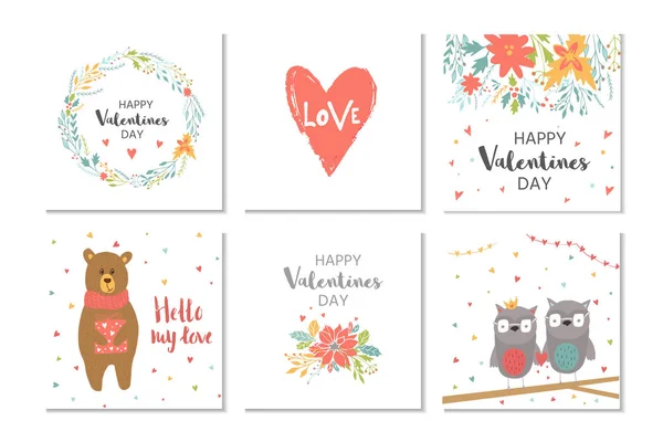 Precioso Conjunto Tarjetas Regalo San Valentín Con Corazones Flores Oso — Vector de stock